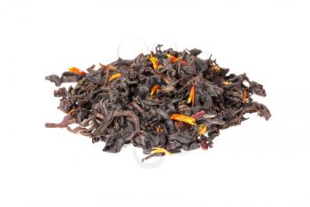 Small pile of big leaf black tea mixed with safflower and hibiscus petals isolated on white background, selective focus with shallow DOF