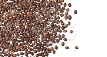 Layer of dark roasted coffee beans over white background