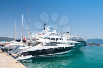 Luxury pleasure yachts moored in port of Ajaccio, Corsica, the capital of Corsica, French island in the Mediterranean Sea