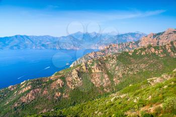 Coastal landscape of Piana region with rocks and sea, South Corsica, France
