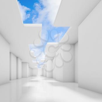 Abstract white empty room interior background with cloudy sky outside, square digital 3d illustration