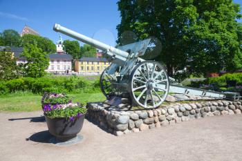 Old cannon from The Second World War. Outdoor public monument in Finnish town Porvoo