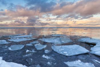 Winter Sea coastal landscape with big floating ice fragments on still cold water. Gulf of Finland, Russia