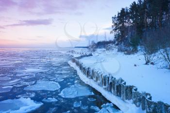 Winter coastal landscape with floating ice fragments and frozen pier. Gulf of Finland, Russia