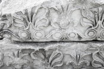 Ancient stone carving ornament, white portico fragment. Smyrna, Izmir, Turkey