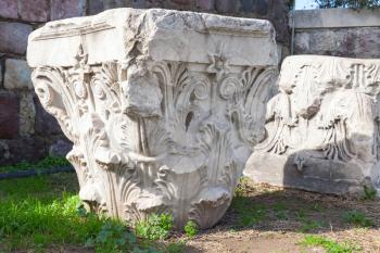 Ruined white ancient columns details in Smyrna. Izmir, Turkey