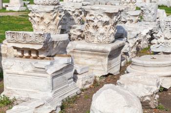 Ruined white stone columns details. Ancient town Smyrna. Izmir, Turkey