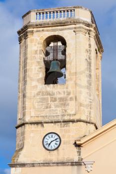 Esglesia de Calafell. Bell tower of Catholic cathedral in old town. Tarragona region, Catalonia, Spain