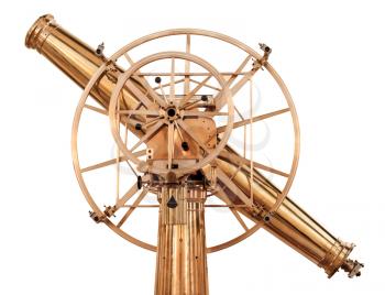 Old vintage shining brass telescope isolated on white