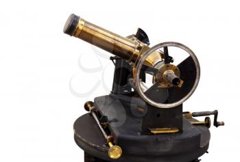 Old small vintage brass telescope isolated on white