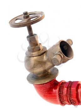 Fire hydrant on red tube with classical valve isolated on white background