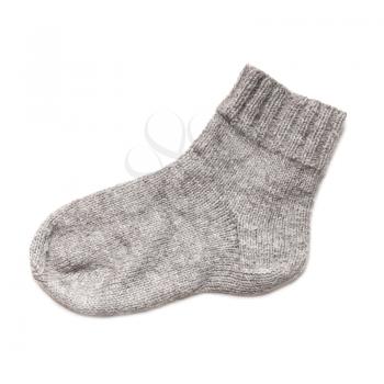 Gray woolen sock isolated on white background