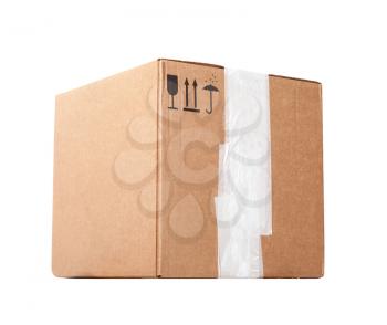 Standard big cardboard box stands isolated on white background