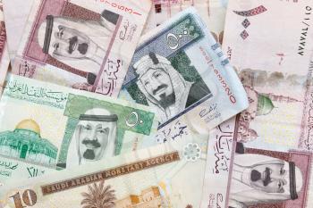 Modern Saudi Arabia money, banknotes detailed background photo texture
