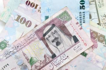 Modern Saudi Arabia money, banknotes close-up background photo texture
