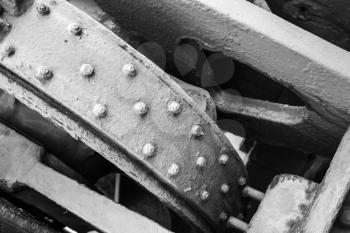  Monochrome abstract old industrial mechanism details assembly, selective focus and shallow DOF