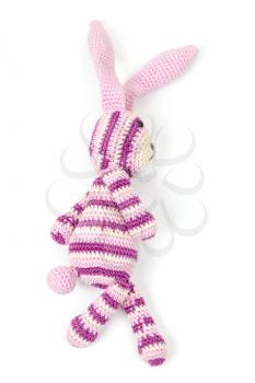 Knitted rabbit toy goes, closeup photo isolated on white background with soft shadow