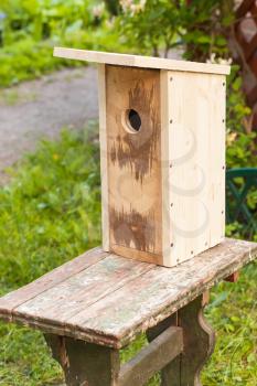 Unfinished new homemade birdhouse made of wood