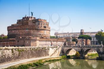 Cityscape of Rome with Saint Angelo Bridge in summer day