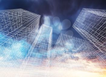 Abstract digital graphic background. Modern skyscrapers perspective. Wire frame lines over colorful dramatic cloudy sky background. 3d render illustration