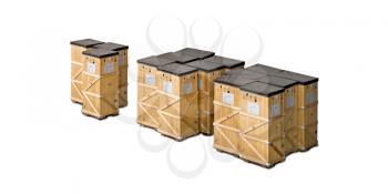 Wooden freight shipping boxes isolated on white with soft shadow