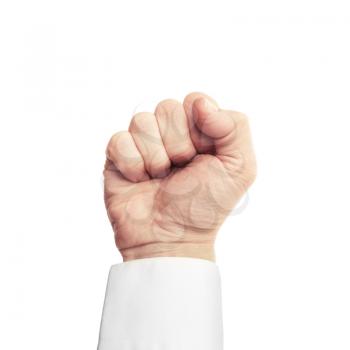 Close up photo of businessman fist isolated on white background