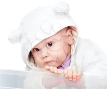 little baby in white bear costume isolated on white background