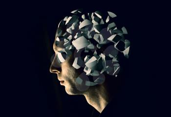 Cyborg profile portrait with brain explosion fragments on black background