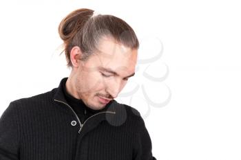 Young long haired man, closeup studio portrait isolated on white background