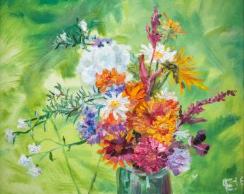 Oil painting with colorful bouquet of summer flowers