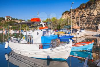 Wooden fishing boats moored in bay of Tsilivi. Zakynthos, Greek island in the Ionian Sea