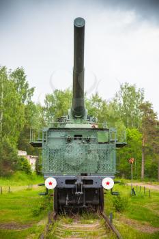 Front view of 305-mm railroad gun from WWII period. Soviet historical monument in fort Krasnaya Gorka, Russia