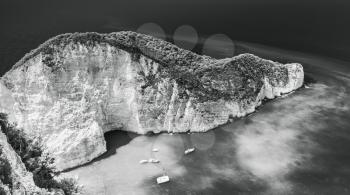 Monochrome landscape of Navagio bay. The most famous natural landmark of Zakynthos, Greek island in the Ionian Sea