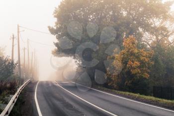 Empty rural highway in autumn foggy morning, stylized photo with warm tonal correction effect, old instagram style filter 