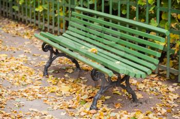 Empty green wooden bench stands on the lane of autumnal park with yellow fallen leaves