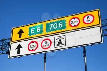 Colorful road signs with route numbers, information and limitation icons over blue sky background