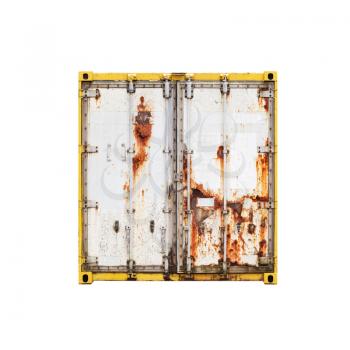 Old rusted white standard cargo container, door face isolated on white background