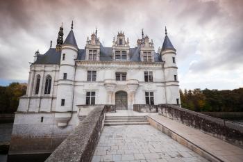 The Chateau de Chenonceau facade, medieval french castle in Loire Valley, France. It was built in 15-16 century, an architectural mixture of late Gothic and early Renaissance. Unesco heritage site