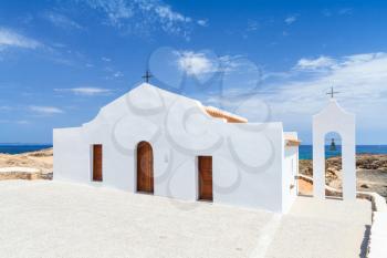 Agios Nikolaos. White Orthodox church on the Ionic Sea coast. Zakynthos, Greece