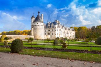 The Chateau de Chenonceau, royal medieval french castle in Loire Valley, France. It was built in 15-16 century, an architectural mixture of late Gothic and early Renaissance. Unesco heritage site