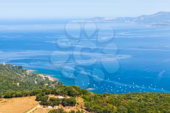 Summer coastal landscape of French island Corsica. Small trees grow on coastal hills. Piana region, France