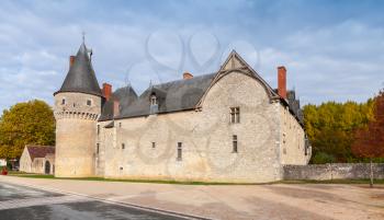 Street view with facade of Chateau de Fougeres-sur-Bievre, medieval french castle in Loire Valley. It was built in 15 century