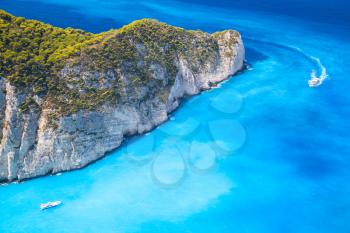 Pleasure motor boats, Navagio Bay, Greece. The most famous nature landmark of Greek island Zakynthos in the Ionian Sea