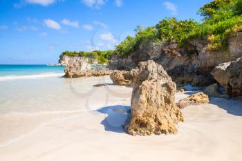 Coastal rocks on Macao Beach, landscape of Dominican Republic, Hispaniola Island