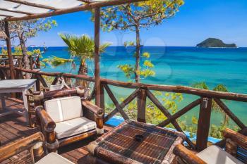Seaside balcony view, popular touristic resort island Zakynthos, Greece