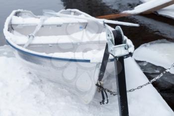 Small white rowboat lay on pier covered with snow. Finland in winter