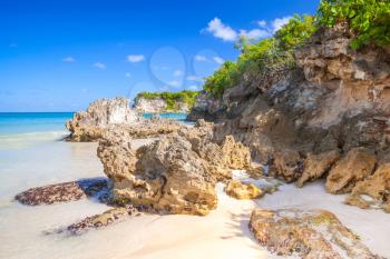 Coastal stones on Macao Beach, touristic resort of Dominican Republic, Hispaniola Island