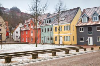 Traditional colorful living houses along the square in old town of Flensburg city, Germany
