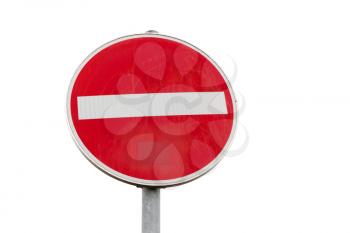 Round red sign No Entry road sign isolated on white background, close up photo