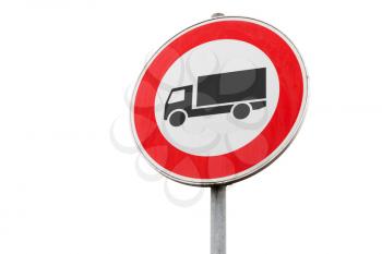 Freight transport traffic is prohibited, road sign isolated on white background, close up photo